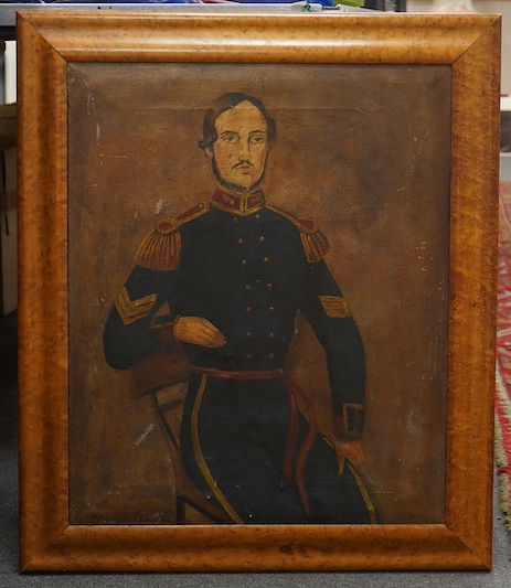 David Lee, naive oil on canvas, Portrait of a soldier wearing military dress, 61 x 50cm, signed and dated 1852, housed in a maple frame. Condition - fair, some scuffing throughout